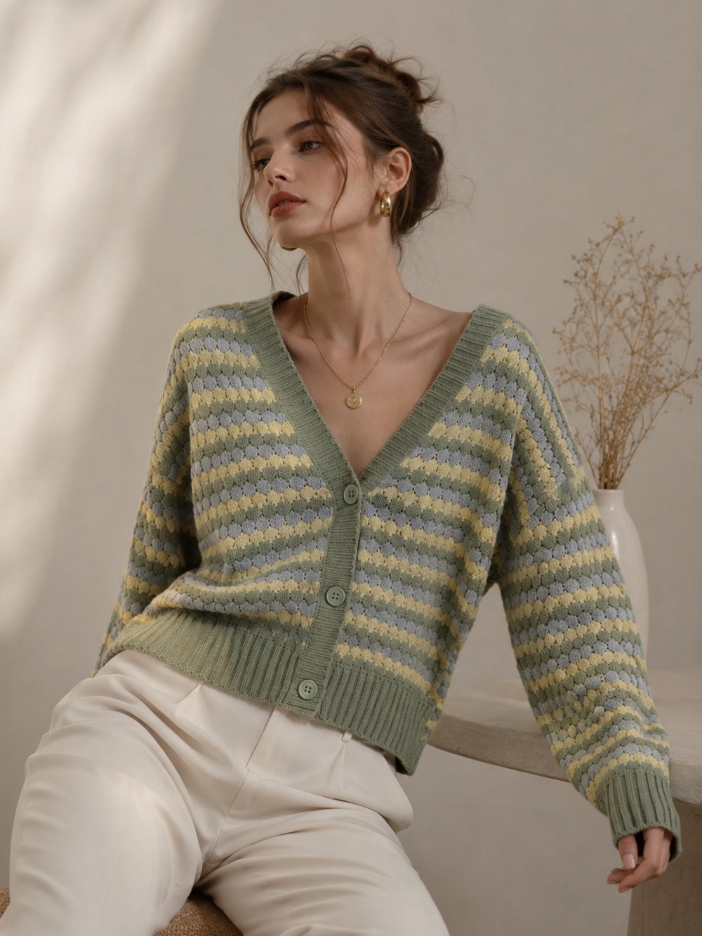 Ardene Cozy Pastel Striped Cropped Cardigan Soft Girl Aesthetic Cute Knit